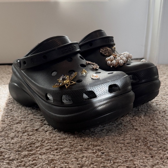CROCS Black Clogs with Gold and Pearl Charms - Picture 2 of 4